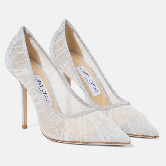 Jimmy Choo Shoes - Jimmy Choo Silver and Ivory Glitter Mesh Pointed-Toe Heels